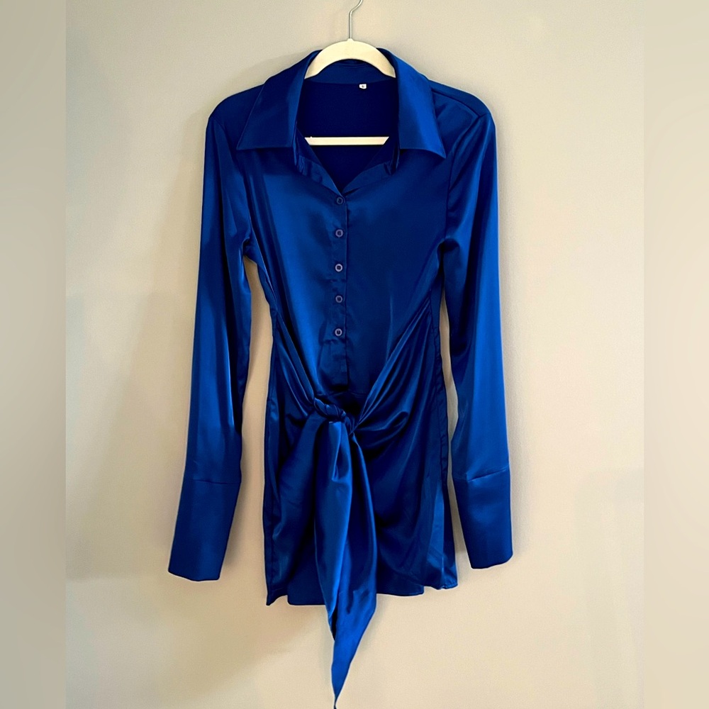 Blue Satin Mini Dress Long Sleeve